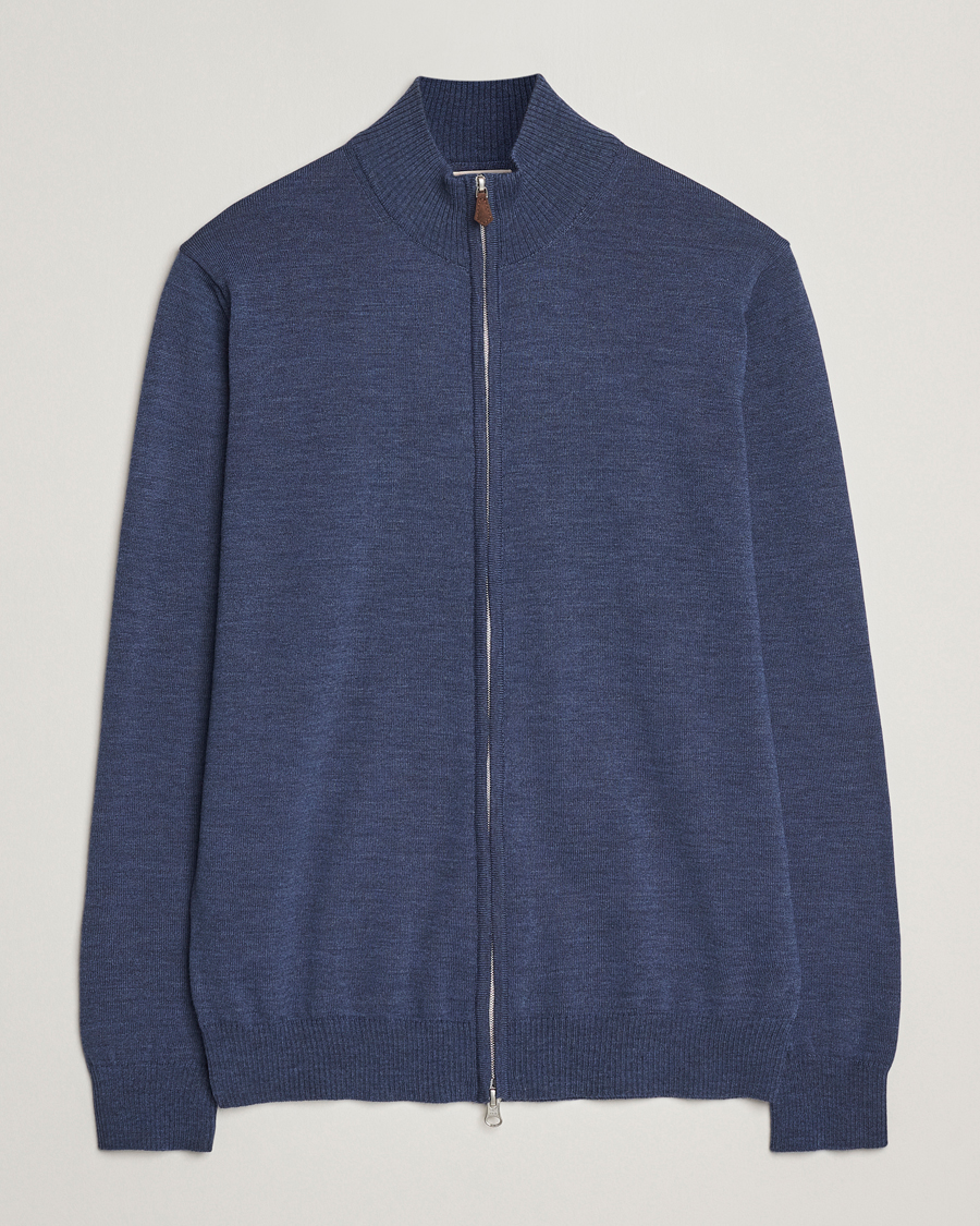 Men | Sweaters & Knitwear | Stenströms | Merino Full Zip Denim Blue