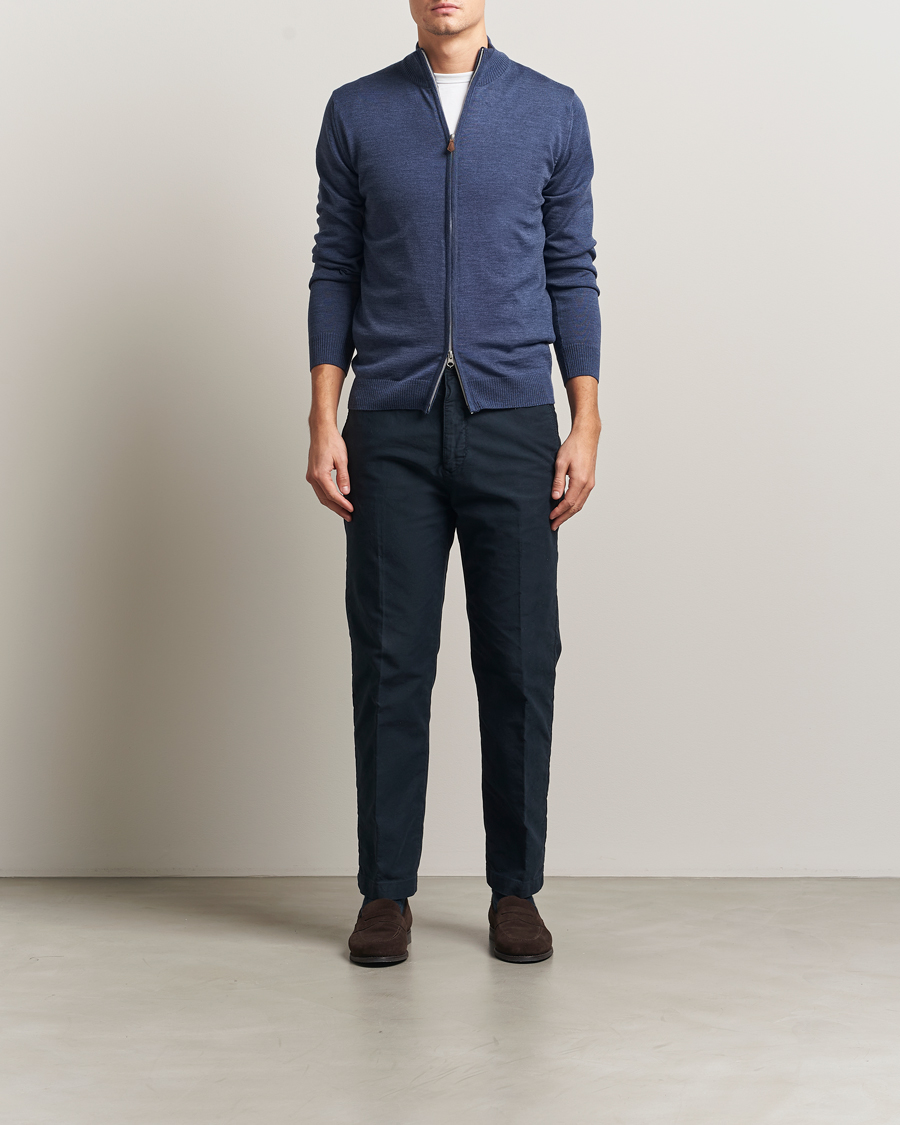 Men | Sweaters & Knitwear | Stenströms | Merino Full Zip Denim Blue