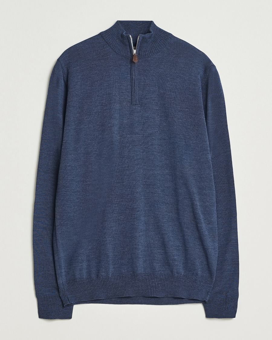 Men | Sweaters & Knitwear | Stenströms | Merino Half-Zip Denim Blue