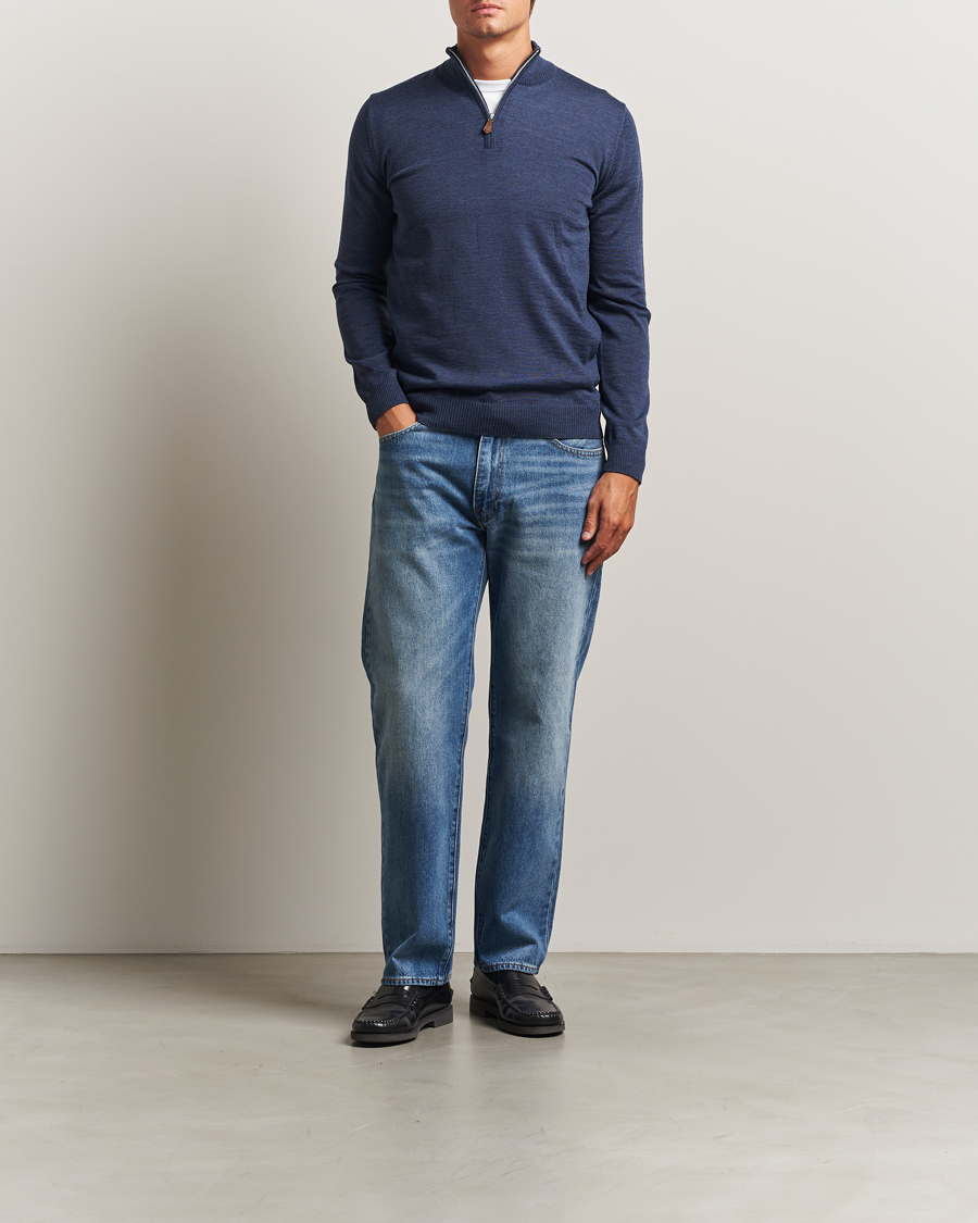 Men | Sweaters & Knitwear | Stenströms | Merino Half-Zip Denim Blue
