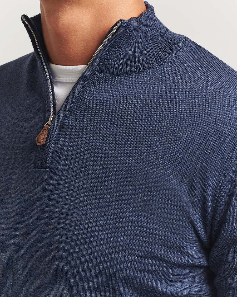 Men | Sweaters & Knitwear | Stenströms | Merino Half-Zip Denim Blue