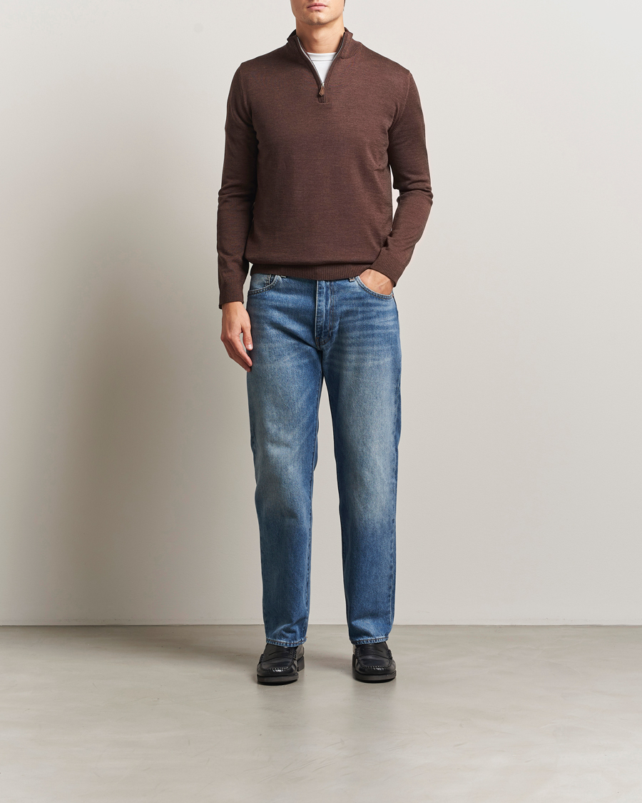 Men | Sweaters & Knitwear | Stenströms | Merino Half-Zip Dark Brown