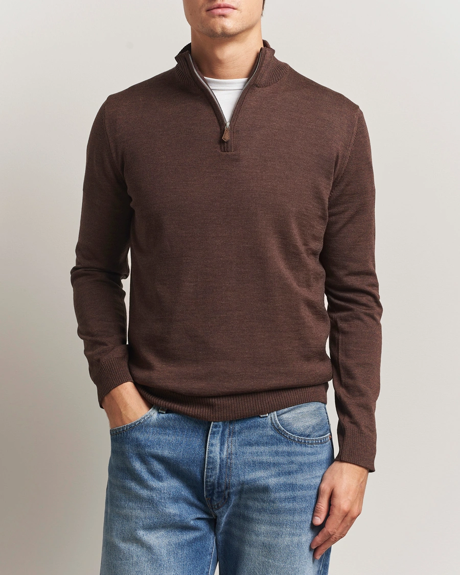 Men | Sweaters & Knitwear | Stenströms | Merino Half-Zip Dark Brown