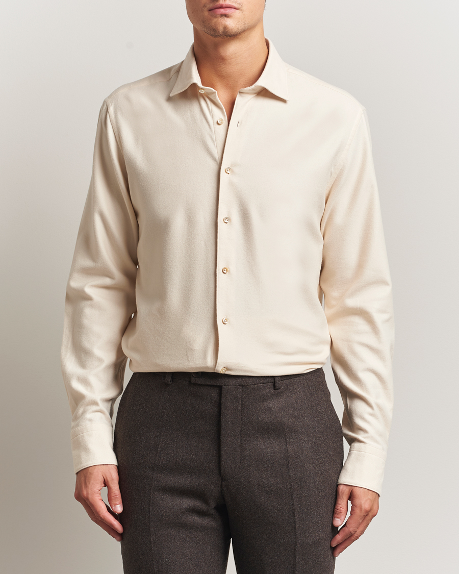 Men | Shirts | Stenströms | Regular Fit Cut Away Flannel Shirt Light Beige