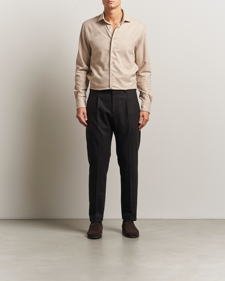 Men | Shirts | Stenströms | Regular Fit Cut Away Flannel Shirt Beige