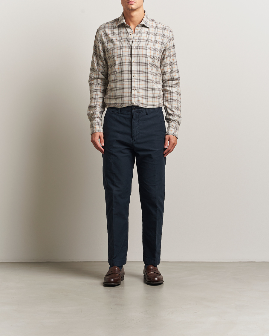 Men | Shirts | Stenströms | Regular Fit Cut Away Check Flannel Shirt Beige