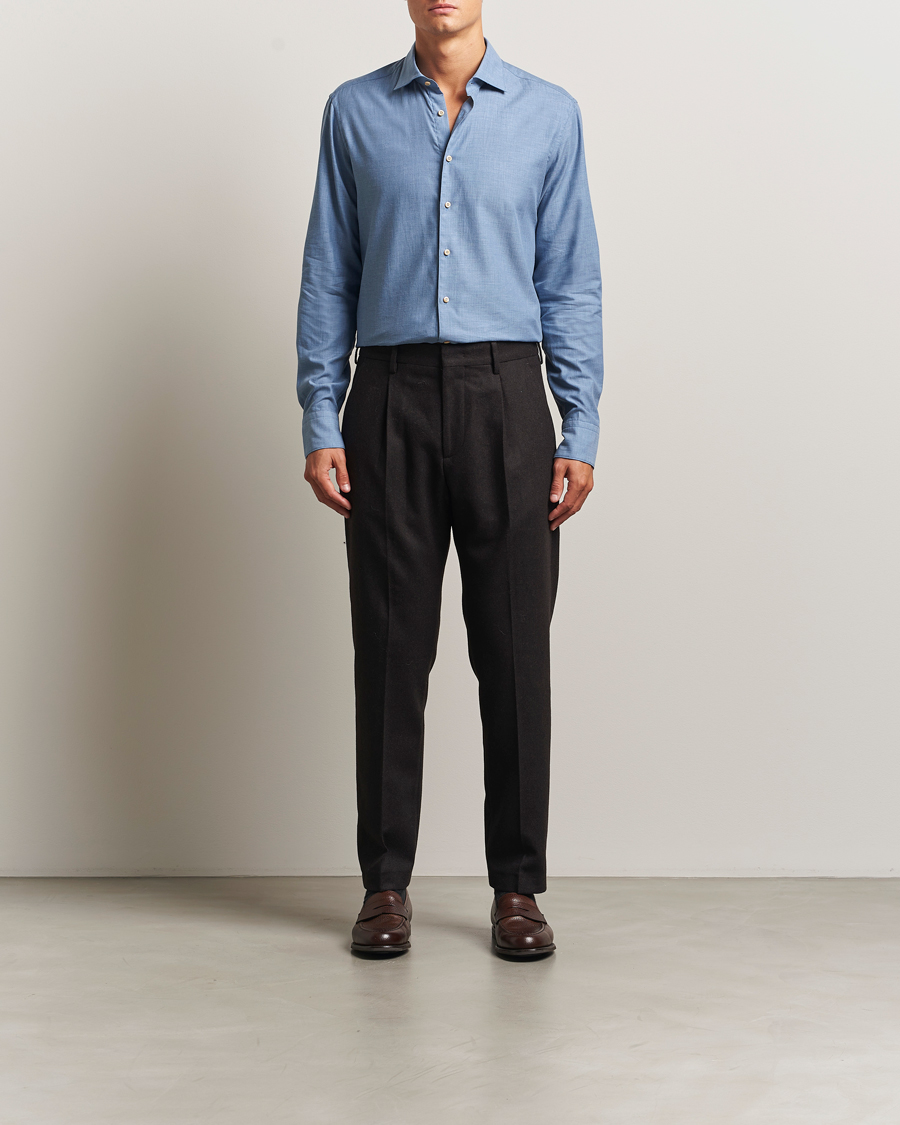 Men | Shirts | Stenströms | Regular Fit Brushed Mini Herringbone Shirt Blue