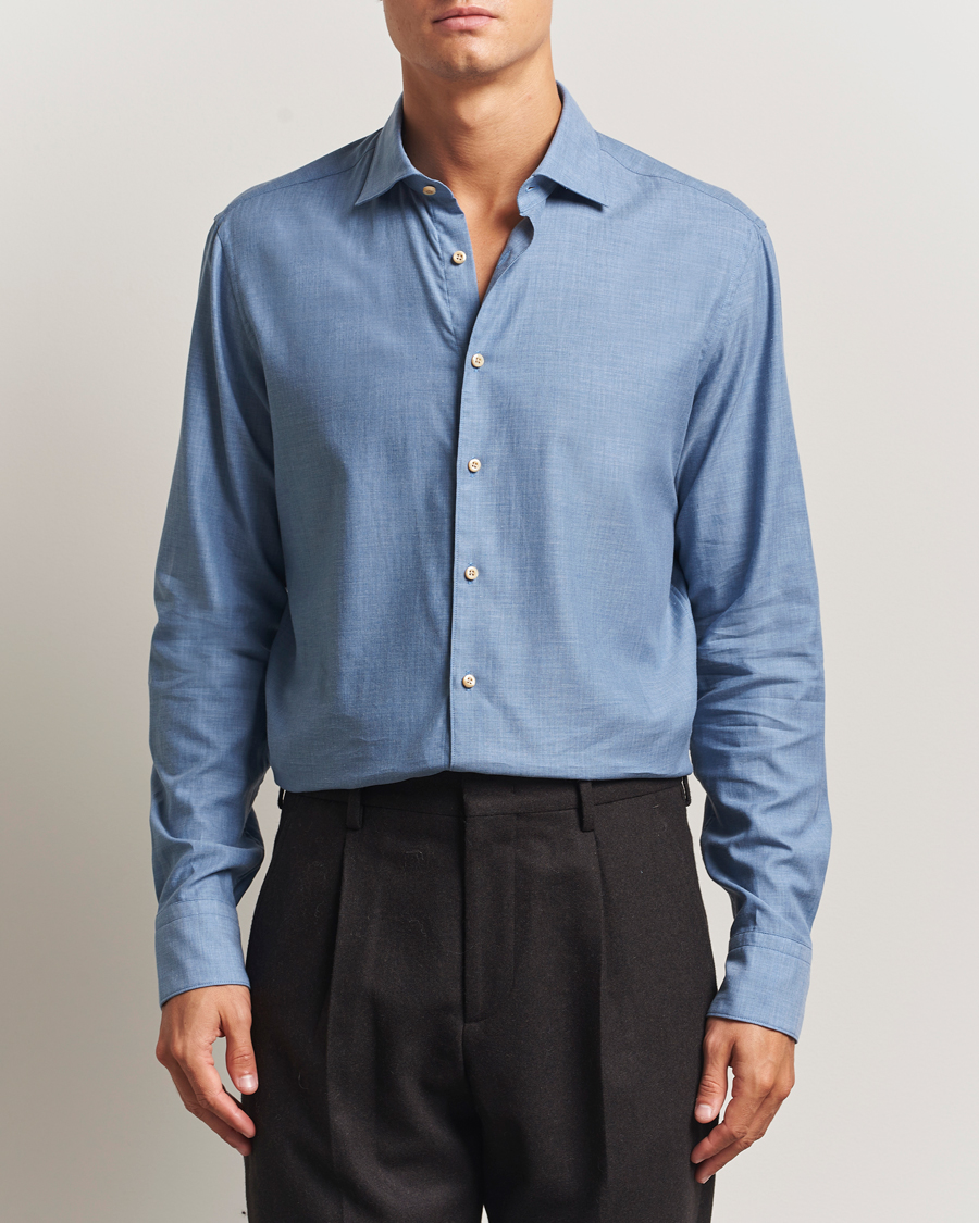 Men | Shirts | Stenströms | Regular Fit Brushed Mini Herringbone Shirt Blue