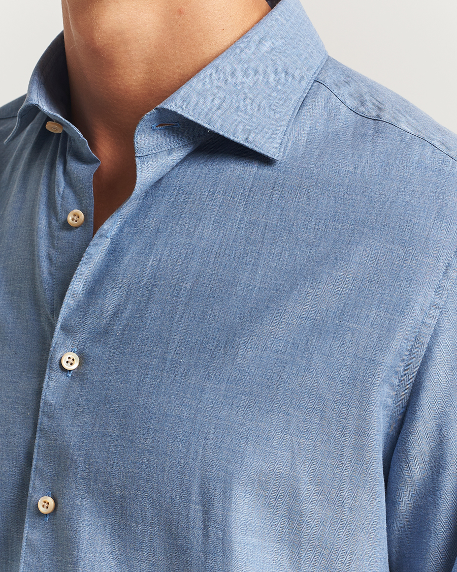 Men | Shirts | Stenströms | Regular Fit Brushed Mini Herringbone Shirt Blue