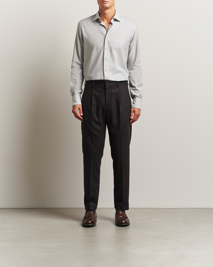 Men | Shirts | Stenströms | Regular Fit Brushed Mini Herringbone Shirt Grey