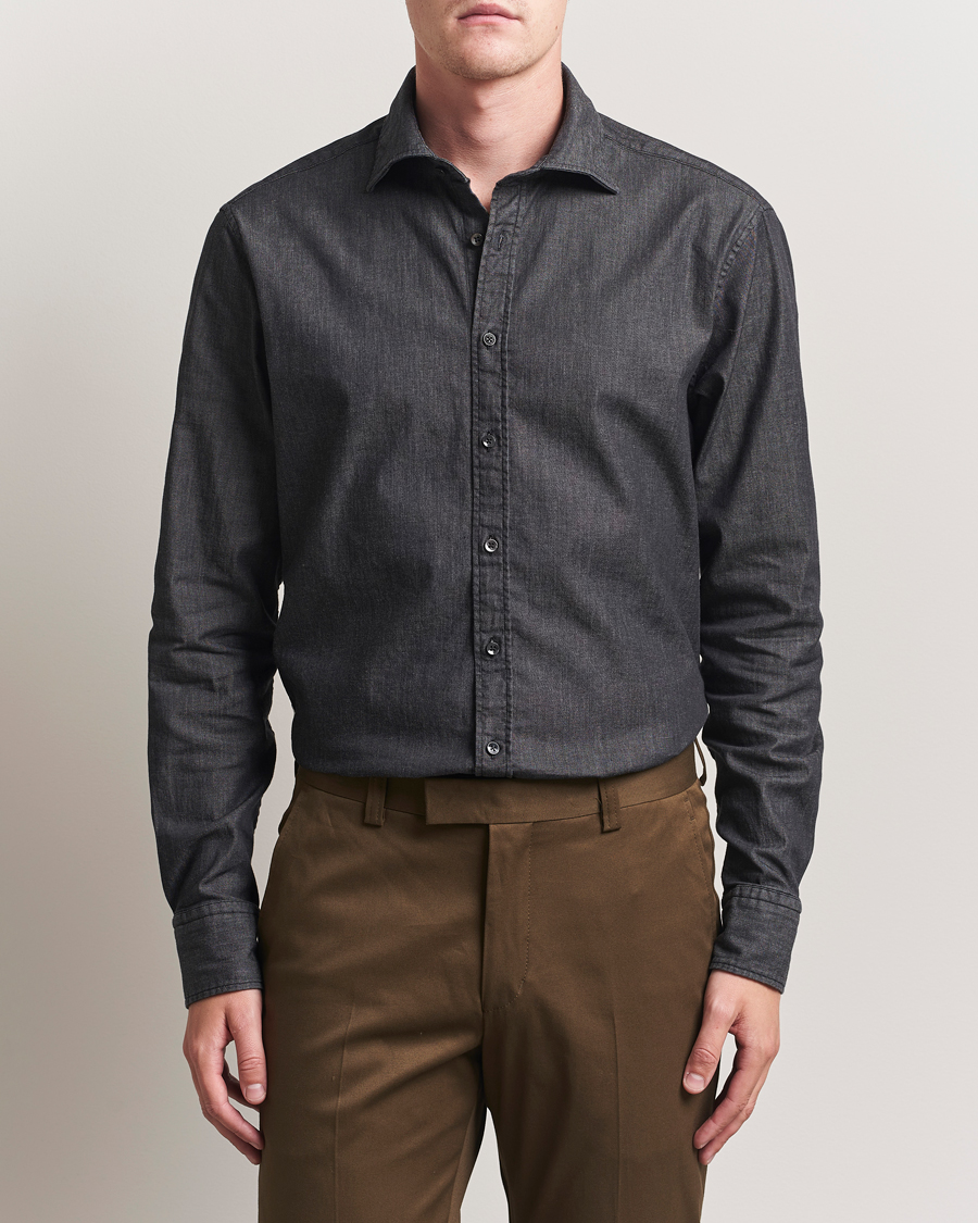 Men | Shirts | Stenströms | Regular Fit Garment Washed Denim Shirt Black