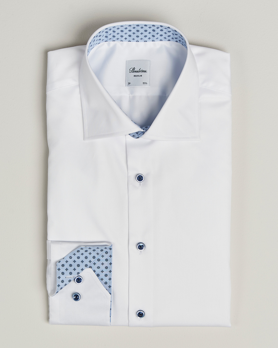 Men | Shirts | Stenströms | Regular Fit Cotton Twill Contrast Shirt White