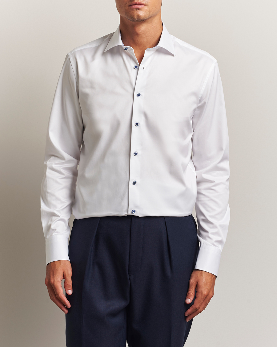 Men | Shirts | Stenströms | Regular Fit Cotton Twill Contrast Shirt White
