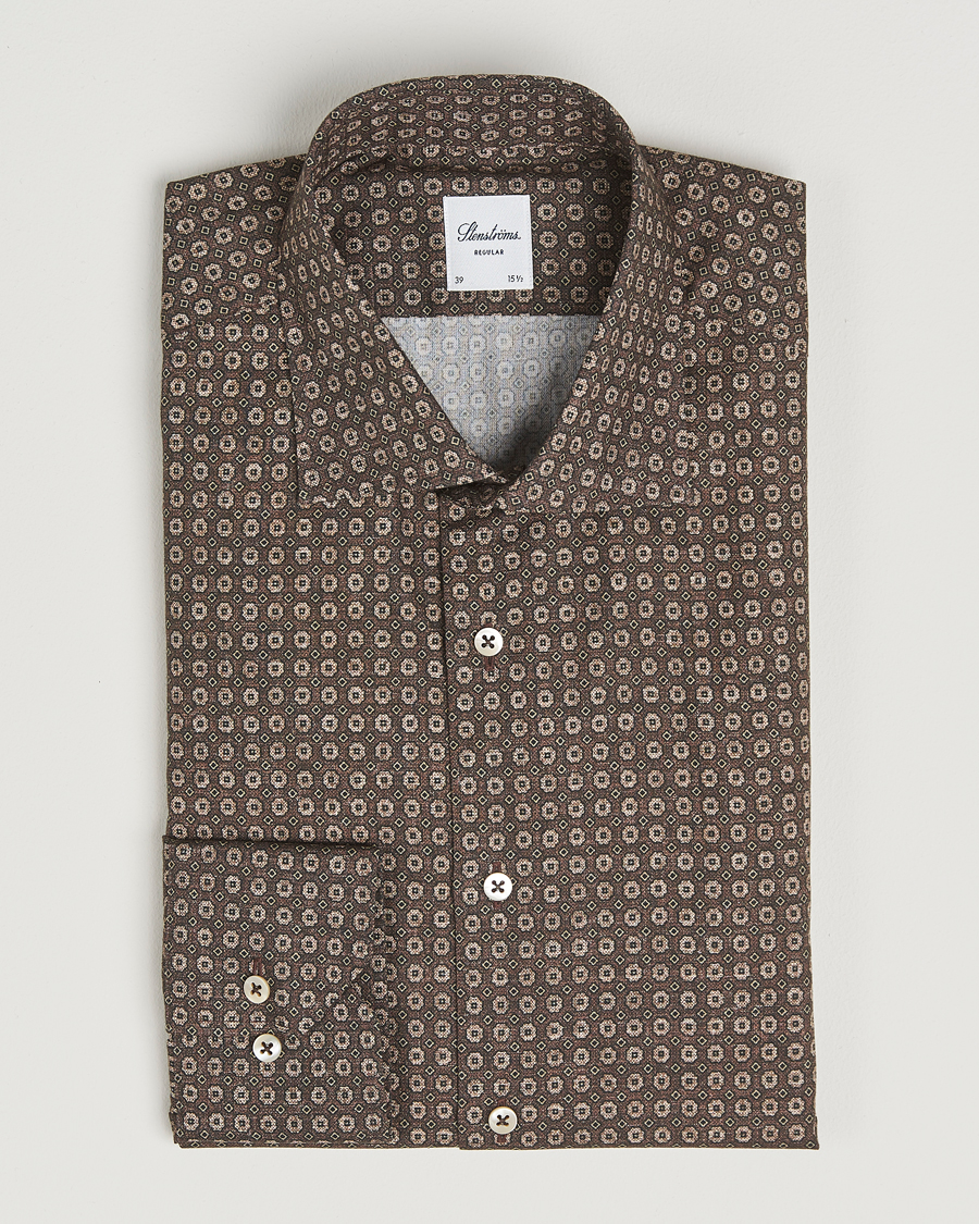 Men | Shirts | Stenströms | Regular Fit Brushed Cotton Printed Shirt Brown