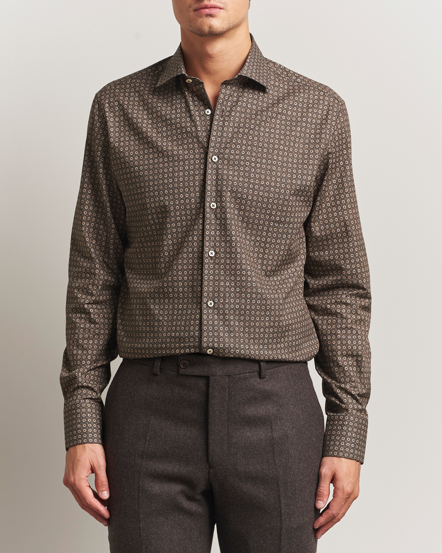 Men | Shirts | Stenströms | Regular Fit Brushed Cotton Printed Shirt Brown