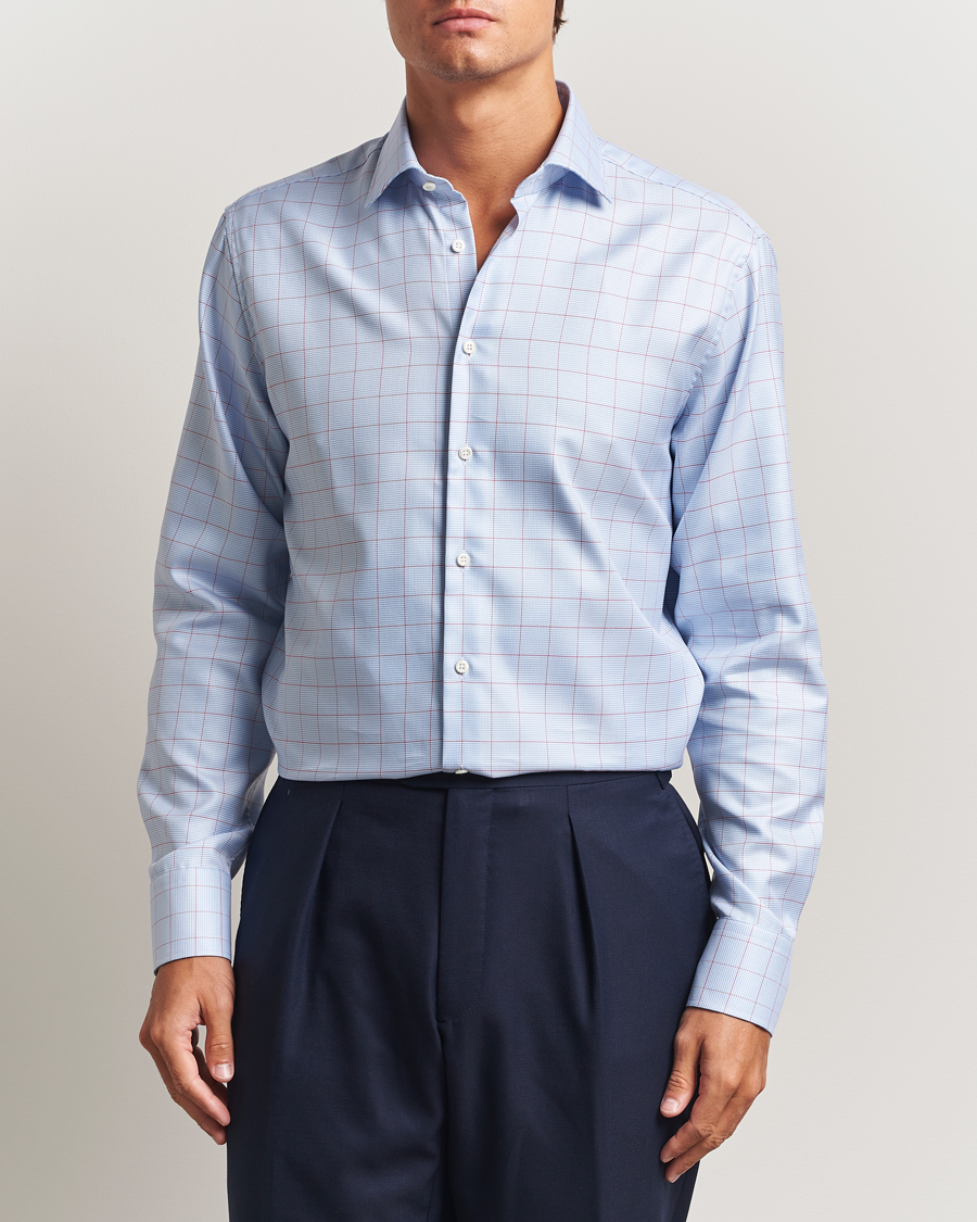 Men | Shirts | Stenströms | Regular Fit Overcheck Cut Away Shirt Blue