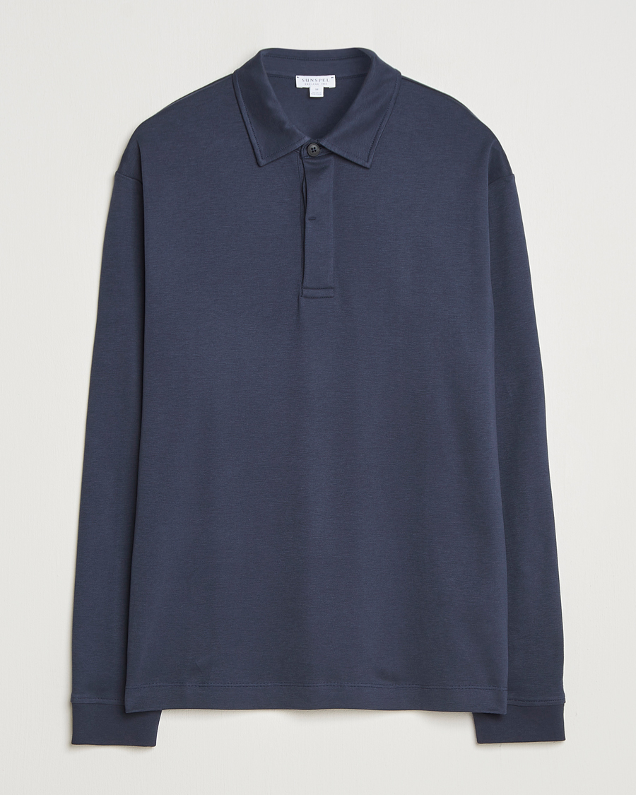 Men | Sweaters & Knitwear | Sunspel | Heavy Weight Supima Cotton Long Sleeve Polo Navy