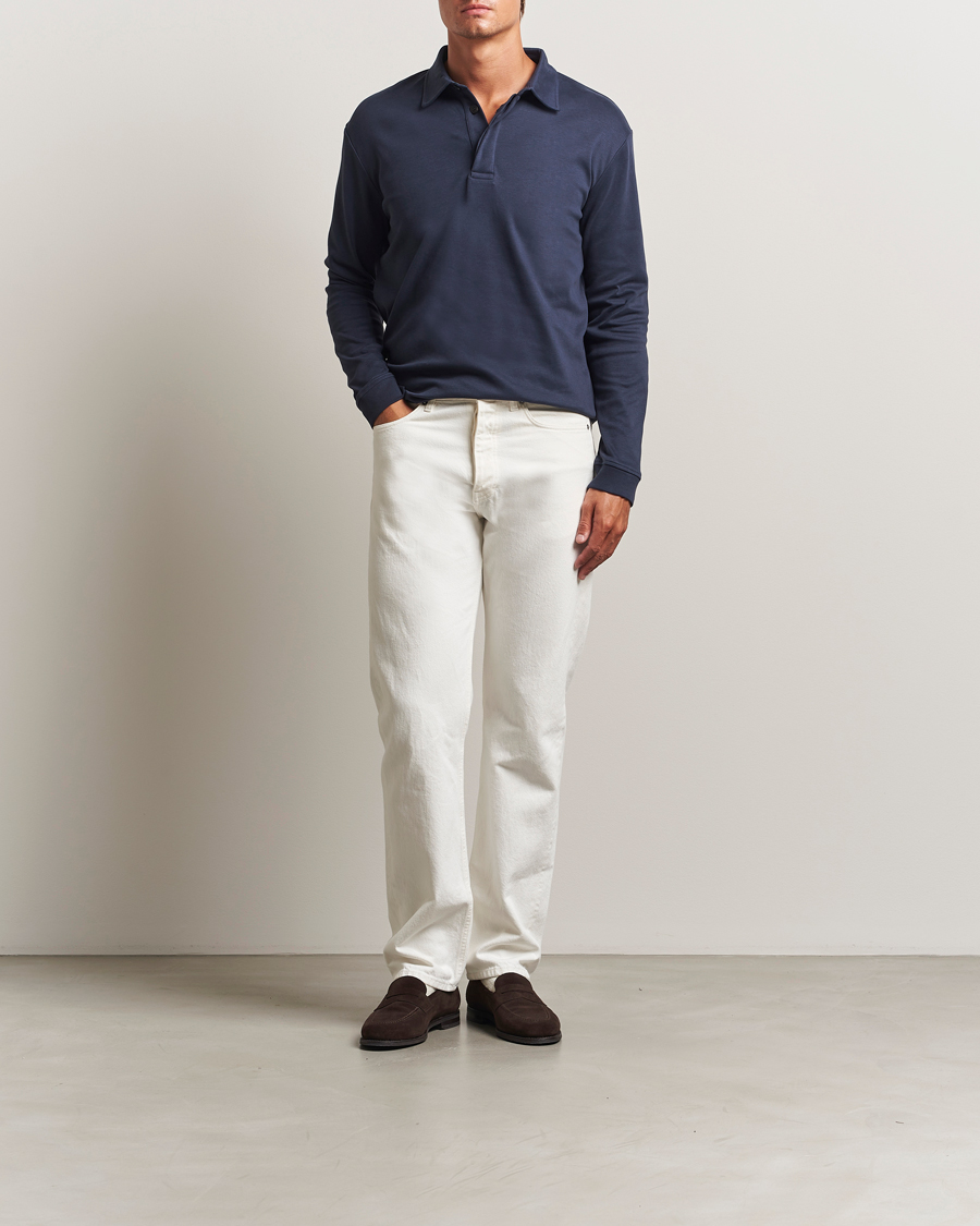 Men | Sweaters & Knitwear | Sunspel | Heavy Weight Supima Cotton Long Sleeve Polo Navy