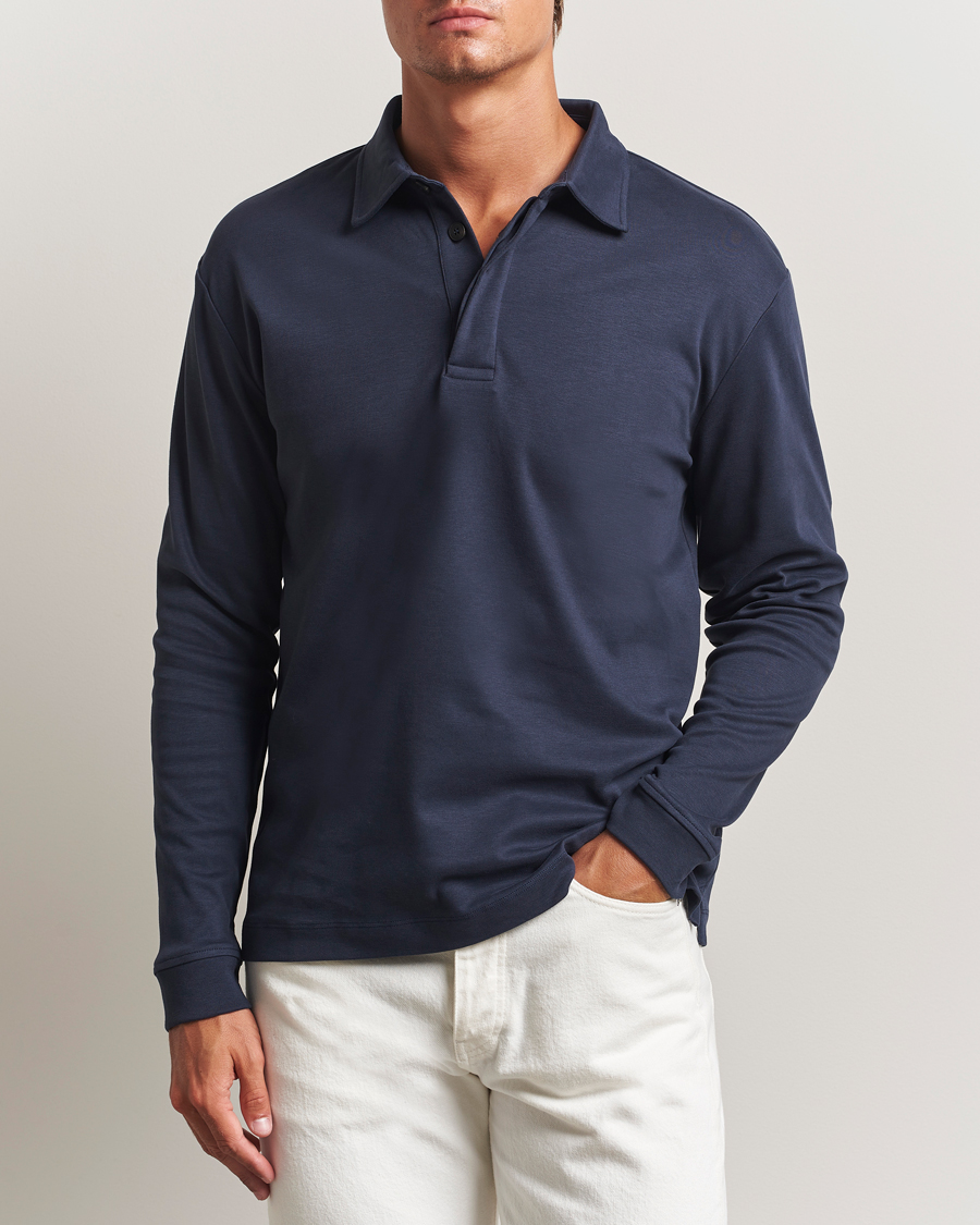 Men | Sweaters & Knitwear | Sunspel | Heavy Weight Supima Cotton Long Sleeve Polo Navy