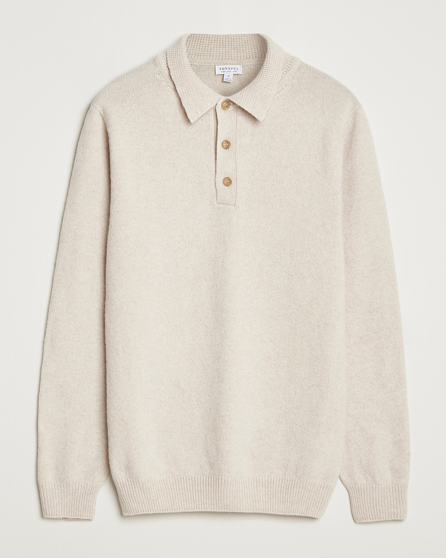 Men | Sweaters & Knitwear | Sunspel | Lambswool Poloshirt Oatmeal Melange