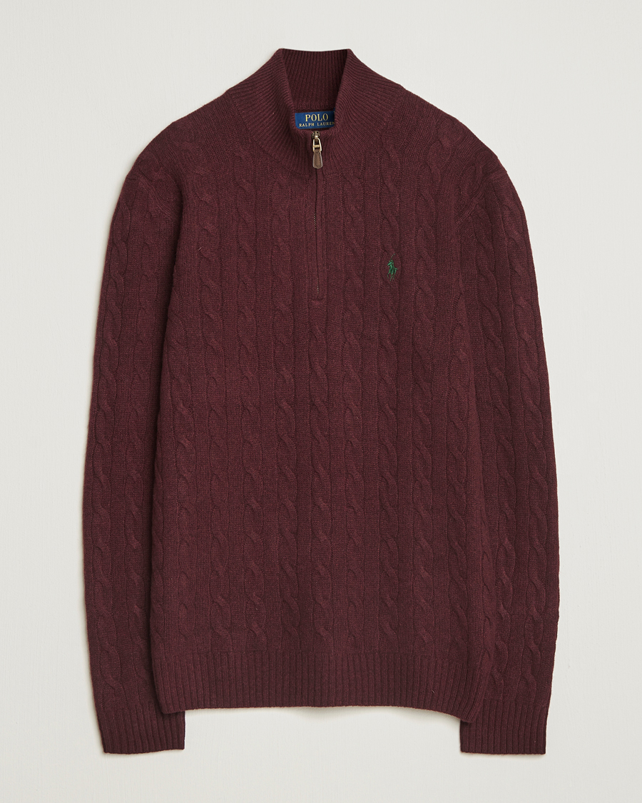 Men | Sweaters & Knitwear | Polo Ralph Lauren | Wool/Cashmere Cable Half Zip Aged Wine Heather