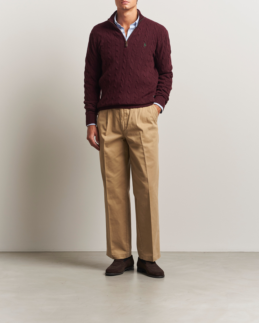 Men | Sweaters & Knitwear | Polo Ralph Lauren | Wool/Cashmere Cable Half Zip Aged Wine Heather