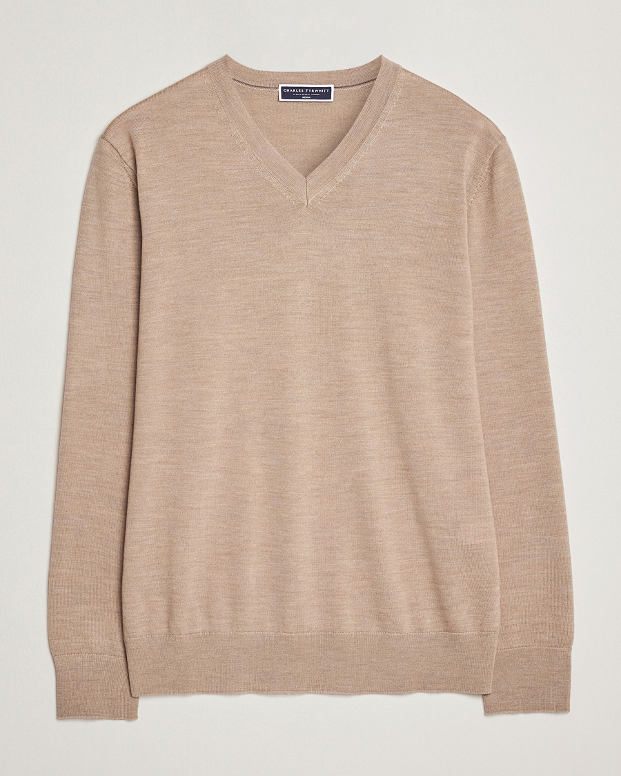 Men | Sweaters & Knitwear | Charles Tyrwhitt | Pure Merino V-Neck Jumper Oatmeal