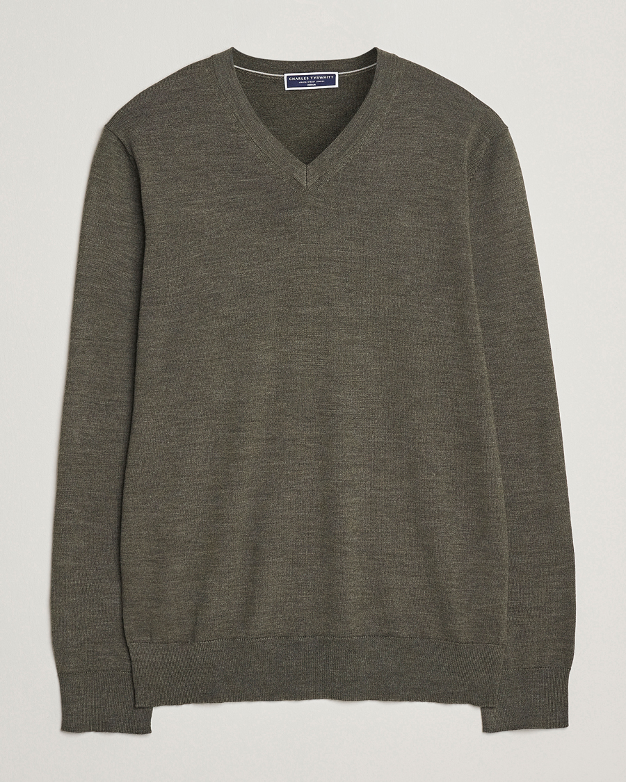 Men | Sweaters & Knitwear | Charles Tyrwhitt | Pure Merino V-Neck Jumper Olive Green