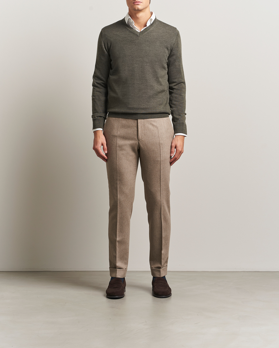 Men | Sweaters & Knitwear | Charles Tyrwhitt | Pure Merino V-Neck Jumper Olive Green