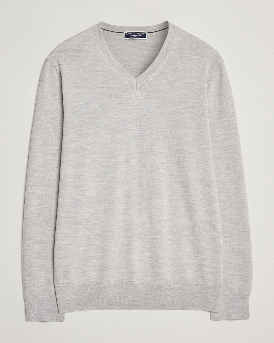 Men | Sweaters & Knitwear | Charles Tyrwhitt | Pure Merino V-Neck Jumper Silver Grey