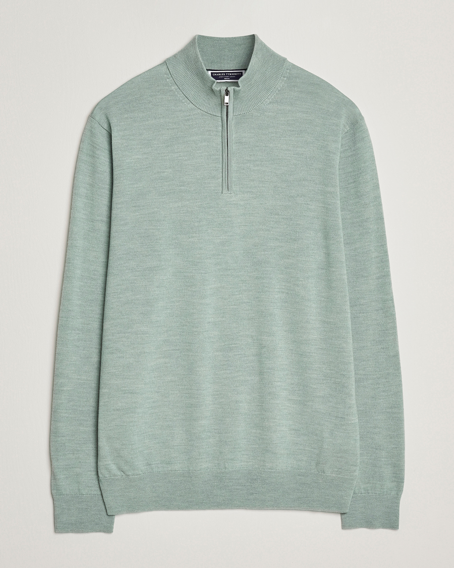 Men | Sweaters & Knitwear | Charles Tyrwhitt | Pure Merino Zip Neck Jumper Pale Teal Green