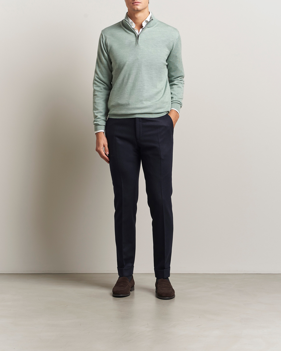 Men | Sweaters & Knitwear | Charles Tyrwhitt | Pure Merino Zip Neck Jumper Pale Teal Green