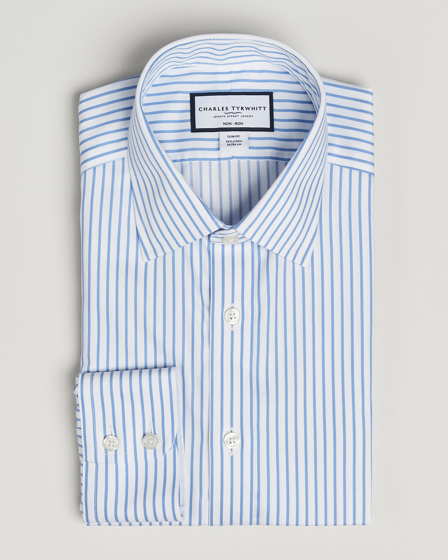 Men | Shirts | Charles Tyrwhitt | Slim Fit Non Iron Striped Twill Cut Away Shirt White/Sky