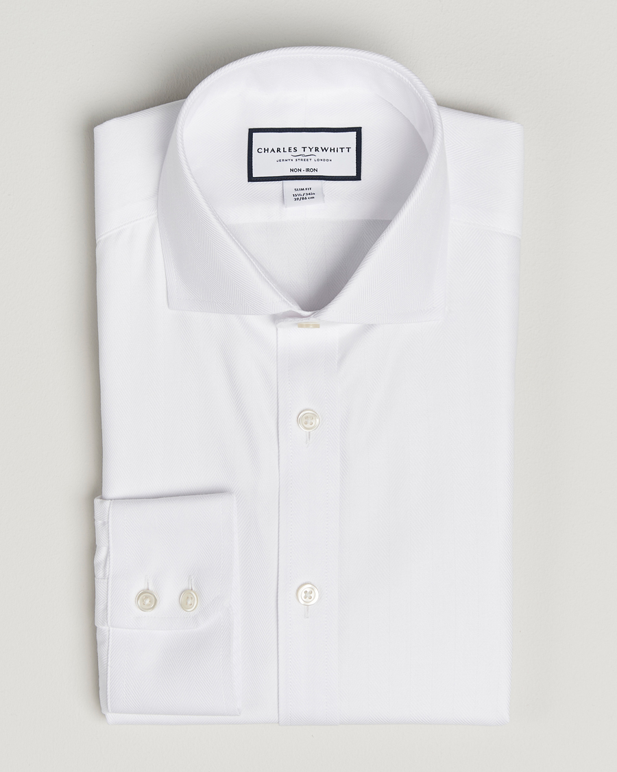 Men | Shirts | Charles Tyrwhitt | Slim Fit Non Iron Herringbone Cut Away Shirt White