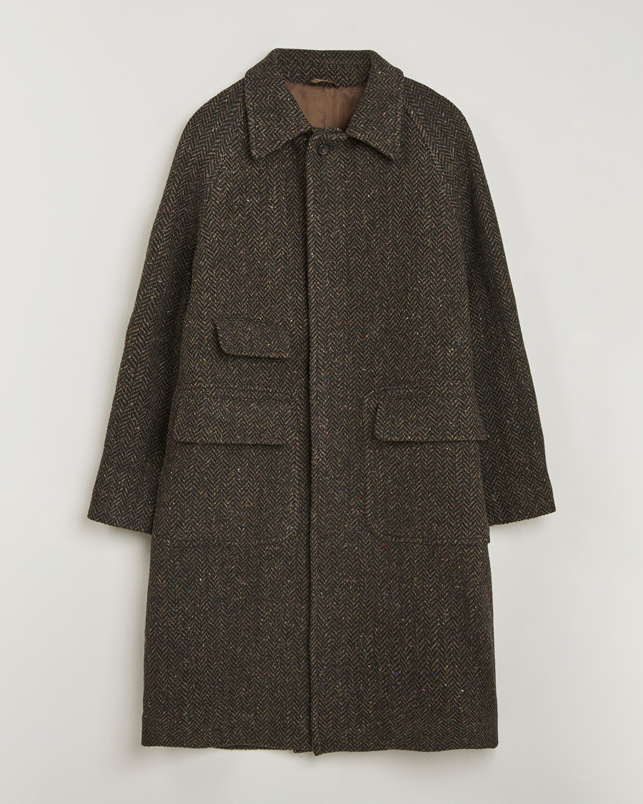 Men | Coats & Jackets | Drake's | Herringbone Raglan Overcoat Brown