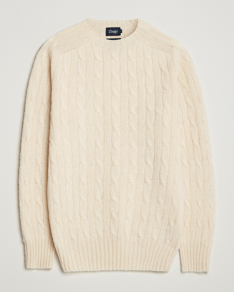 Men | Sweaters & Knitwear | Drake's | Brushed Shetland Cable Crew Ecru