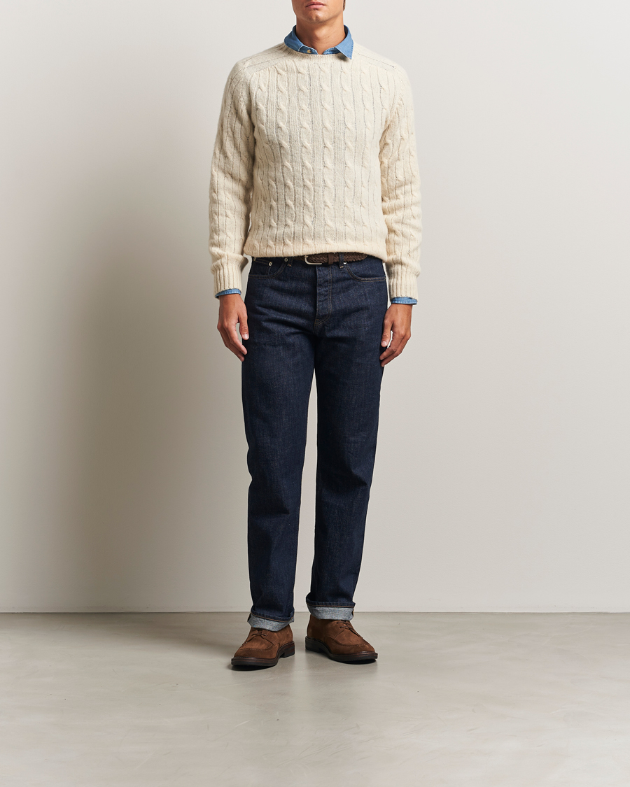 Men | Sweaters & Knitwear | Drake's | Brushed Shetland Cable Crew Ecru