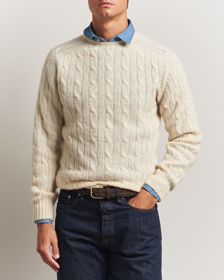 Men | Sweaters & Knitwear | Drake's | Brushed Shetland Cable Crew Ecru