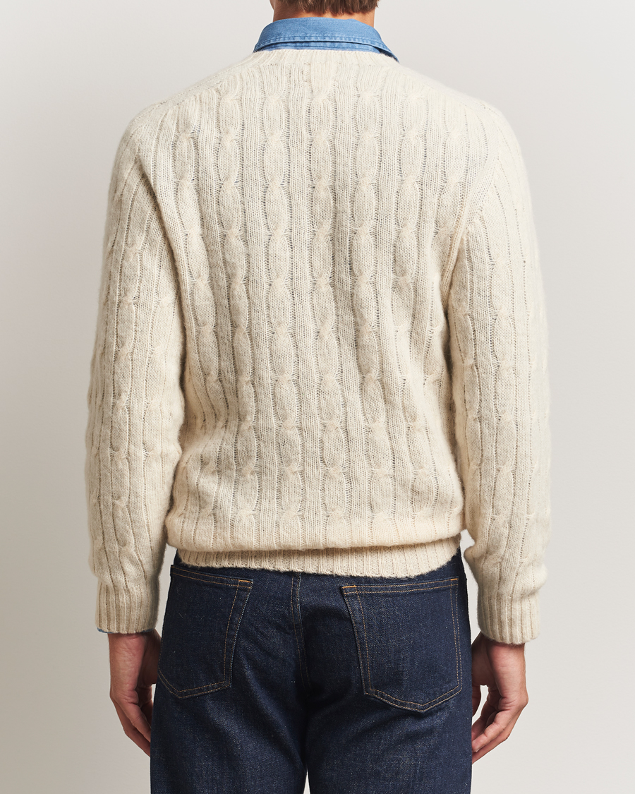 Men | Sweaters & Knitwear | Drake's | Brushed Shetland Cable Crew Ecru