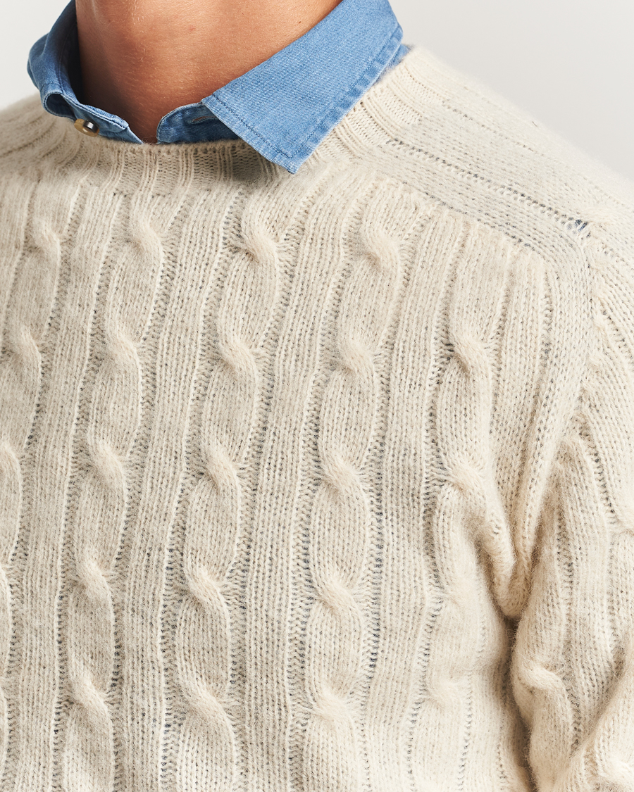Men | Sweaters & Knitwear | Drake's | Brushed Shetland Cable Crew Ecru