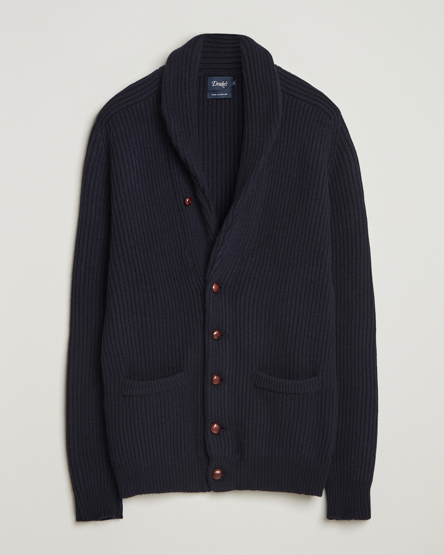 Men | Sweaters & Knitwear | Drake's | Lambswool Shawl Collar Rib Cardigan Navy