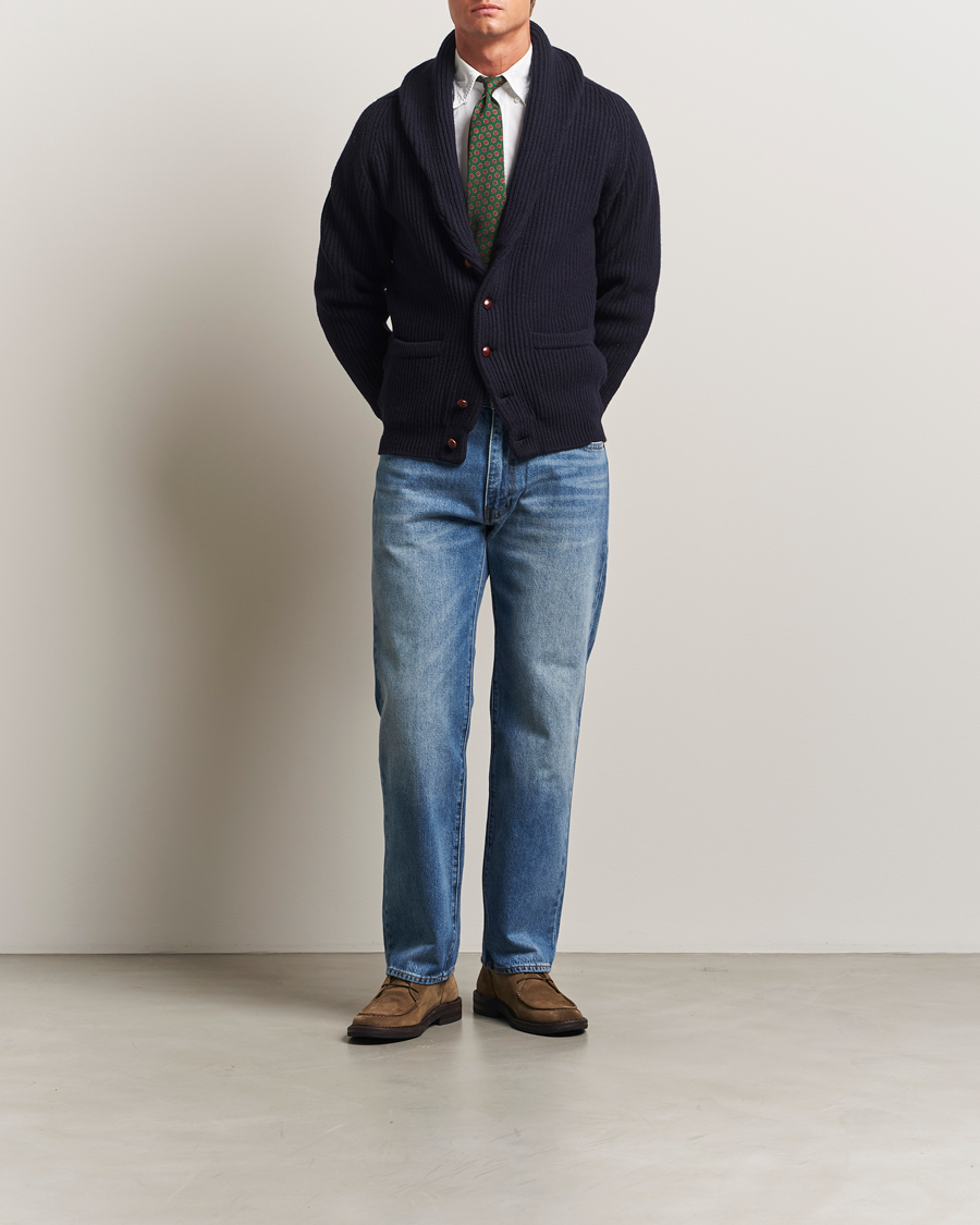 Men | Sweaters & Knitwear | Drake's | Lambswool Shawl Collar Rib Cardigan Navy