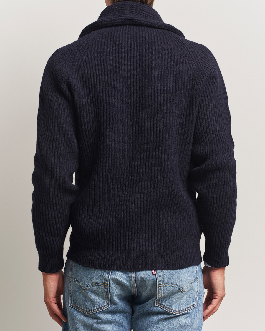 Men | Sweaters & Knitwear | Drake's | Lambswool Shawl Collar Rib Cardigan Navy