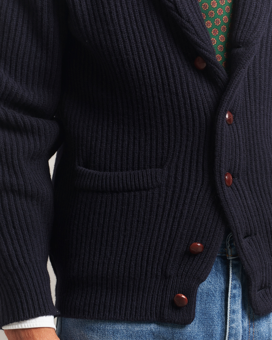 Men | Sweaters & Knitwear | Drake's | Lambswool Shawl Collar Rib Cardigan Navy
