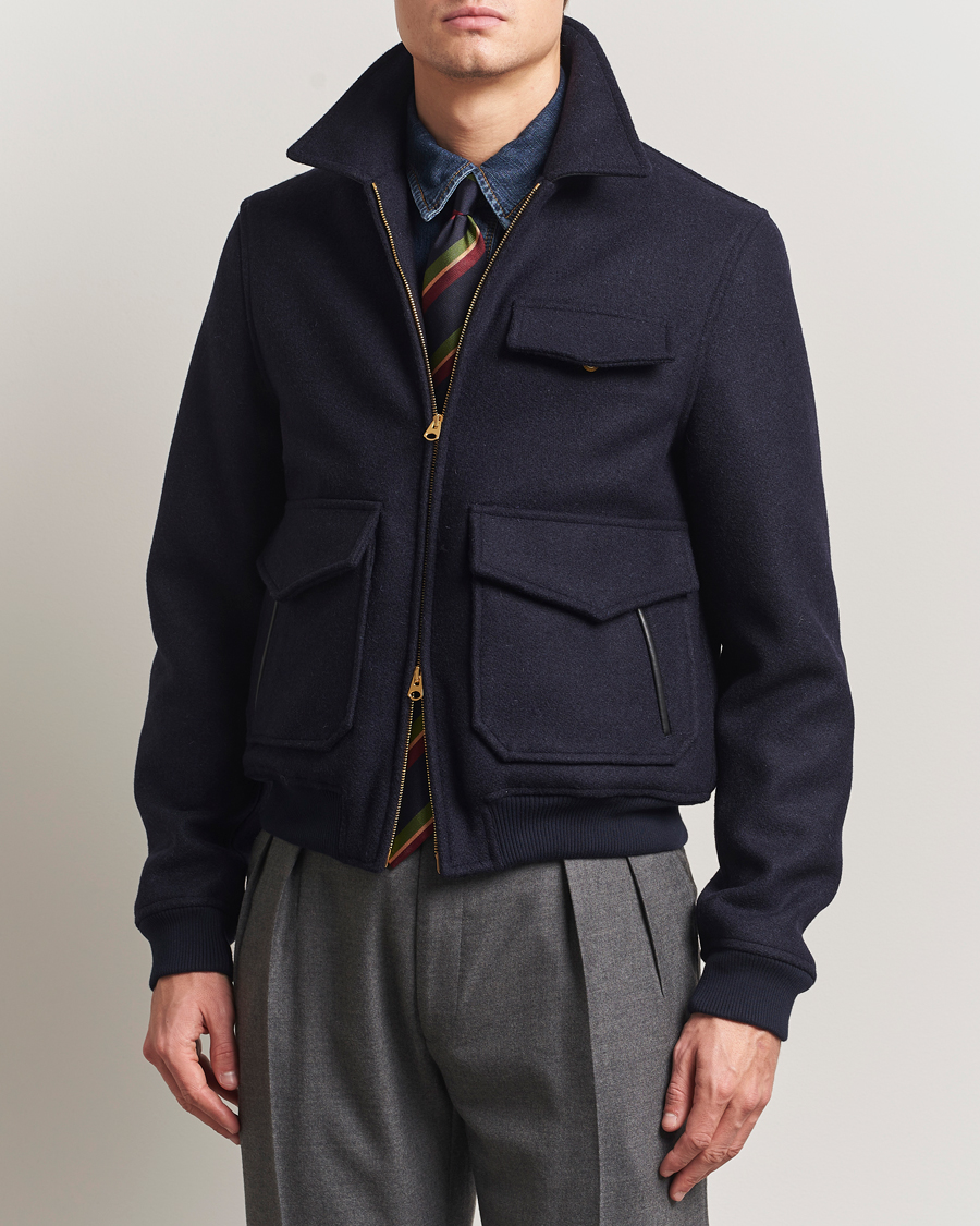 Drake's Melton Bomber Jacket Navy at CareOfCarl.com