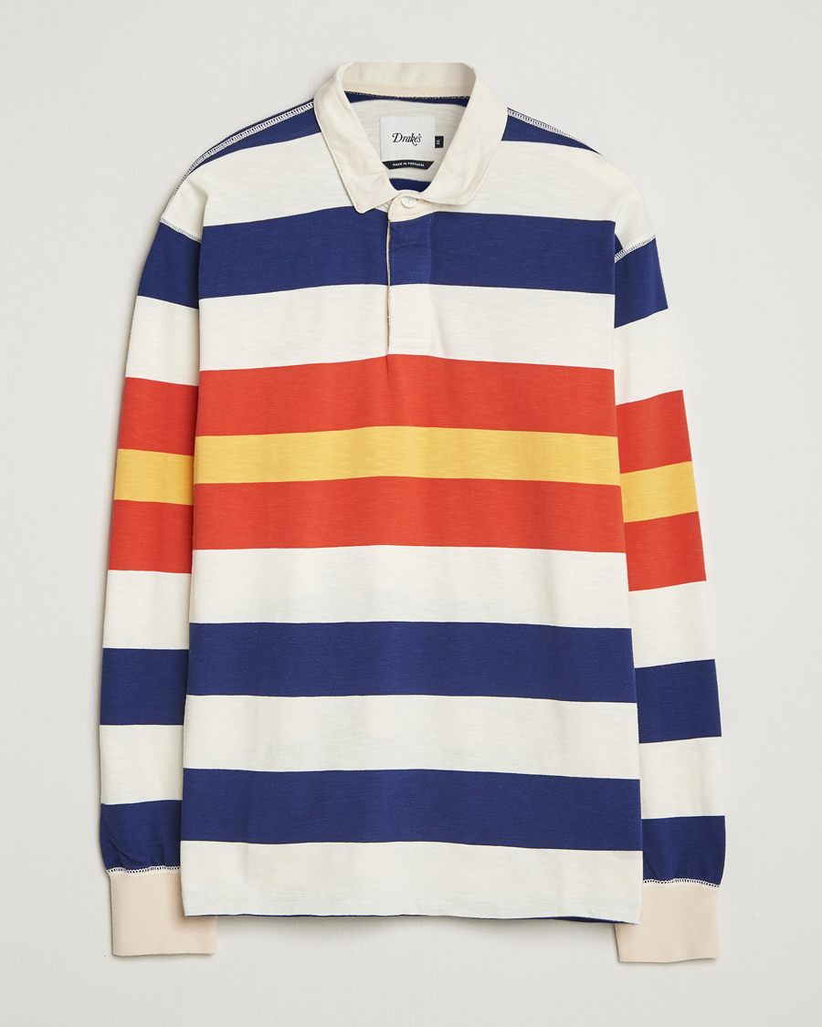 Men | Sweaters & Knitwear | Drake's | Striped Flame Rugby Shirt White/Navy/Red