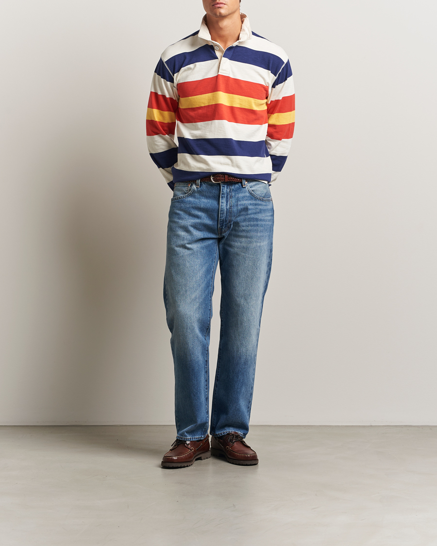 Men | Sweaters & Knitwear | Drake's | Striped Flame Rugby Shirt White/Navy/Red