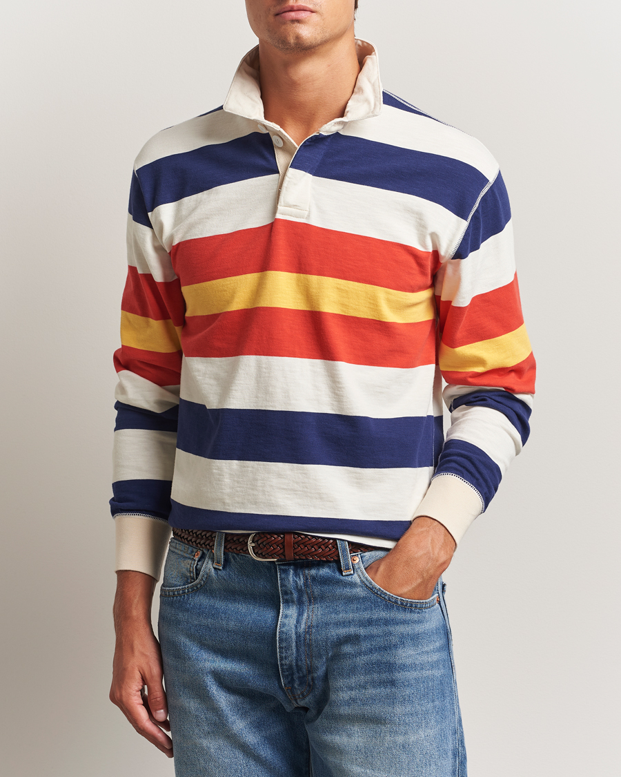 Men | Sweaters & Knitwear | Drake's | Striped Flame Rugby Shirt White/Navy/Red
