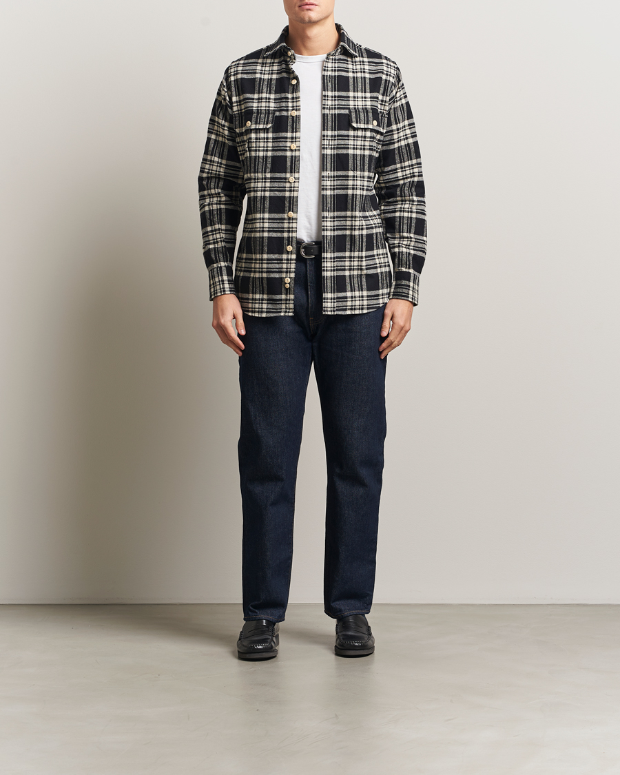 Men | Shirts | Drake's | Check Heavy Cotton Work Shirt Navy/White