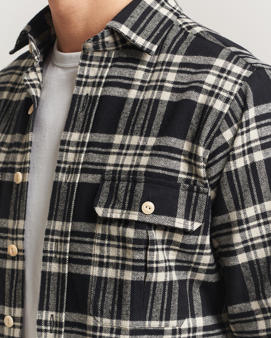 Men | Shirts | Drake's | Check Heavy Cotton Work Shirt Navy/White